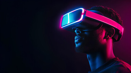 Man wearing VR glasses experiencing a virtual reality world in the metaverse. Futuristic technology concept for gaming, simulation, and business.