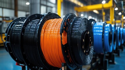 A close up view of large spools of colorful wires in a factory setting with blurred background