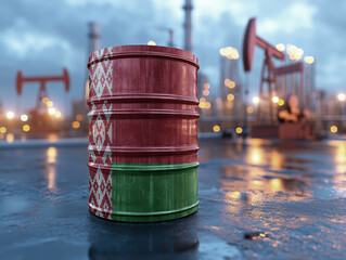 oil barrel painted with the colors and pattern of a national Belarus flag. The industrial setting emphasizes themes of oil export and national industry.