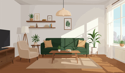 Modern living room with sofa, table, carpet, plants and other decor. Vector flat illustration of interior design and furniture