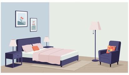 Cozy bedroom interior. Comfort room, flat cartoon living apartment with window. Sleep furniture, modern bed table mirror recent illustration
