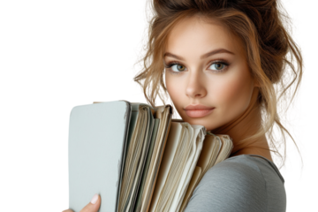 A thoughtful young woman embracing a stack of vintage books lost in stories and knowledge set on transparent background
