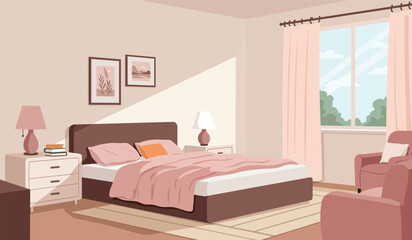 Cozy bedroom interior. Comfort room, flat cartoon living apartment with window. Sleep furniture, modern bed table mirror recent illustration