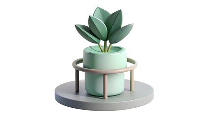 Modern minimalist 3d render of a potted plant on a neutral gray round base against a clean white background