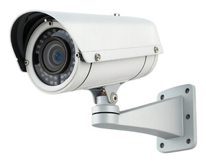 Close up of a white security camera mounted on a bracket against a black background in a studio shot