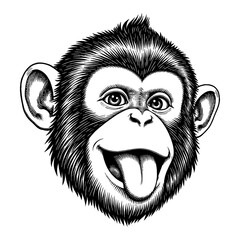 Obraz premium Funny Cute Monkey Face with Tongue Out Black and White Outline Line Art Drawing Engraved Style Front View