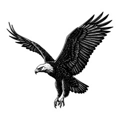 Majestic Eagle Soaring Skyward with Wings Spread in Detailed Black and White Outline Line Art Drawing