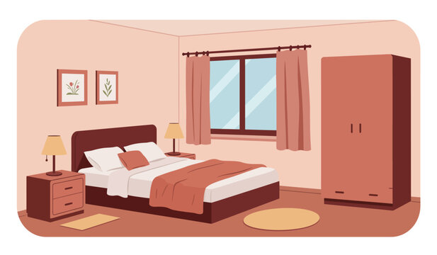 Cozy bedroom interior. Comfort room, flat cartoon living apartment with window. Sleep furniture, modern bed table mirror recent illustration
