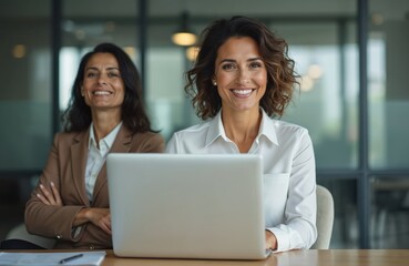 Two smiling businesswomen in modern office. One woman using laptop another folded arms. Middle-aged, hispanic ceo working online, analyzing data, planning business strategy. Successful