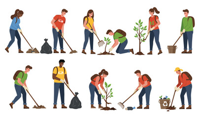 People planting trees and gardening together. Vector illustration