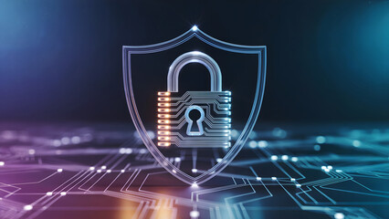 Cybersecurity and digital security concepts represented by a glowing shield and lock