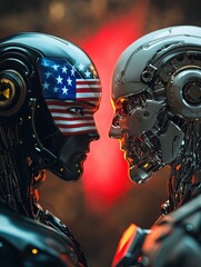 Two robots facing each other, one with a US flag and the other with a Chinese flag on their faces. The image suggests geopolitical tension or technological competition.