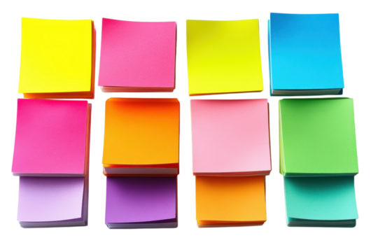 An array of colorful sticky notes vibrant reminders illuminating the workspace and sparking on transparent background