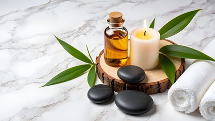 Spa and wellness arrangement featuring essential oil candle hot stones and bamboo leaves