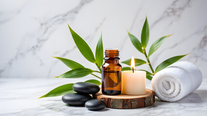 Spa and wellness concept featuring aromatherapy oil candle and zen elements for relaxation