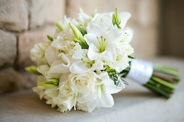 Wedding bouquet of the bride of white roses, lilies and freesia