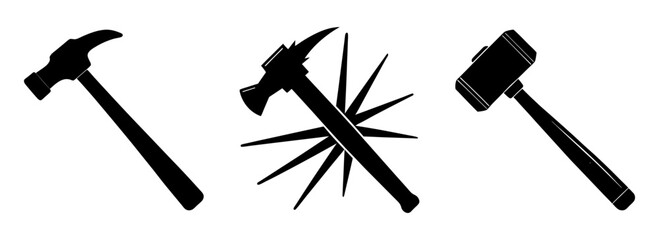 Silhouette set of various types of hand tools hammer axe and sledgehammer vector graphic