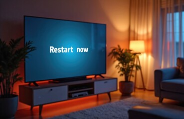 Living room interior with TV screen showing Restart now message. Modern design with cozy lighting, plants. Digital tech, smart home concept. Nighttime atmosphere. Entertainment, home media,