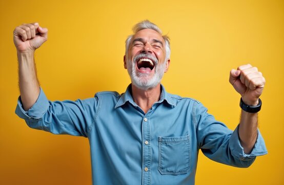 Happy senior man celebrates success, raises arms, joyful face expression, screaming on yellow background. Grey hair, casual blue shirt. Winner gesture, positive emotions, triumph, achievement, - Powered by Adobe