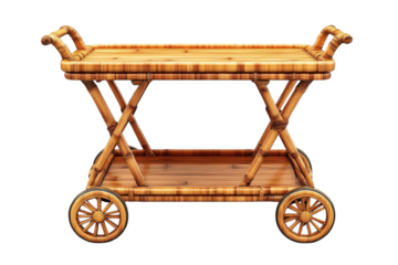Crafted bamboo serving cart ideal for entertaining adds a rustic natural elegance to any event on transparent background