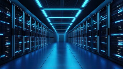 Data center servers illuminate blue floor, network infrastructure, technology
