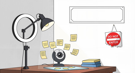 Streaming desk with ring light and webcam flat vector on white