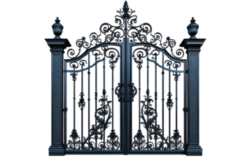 Enter a realm of mystery with ornate iron gates hinting at gothic secrets and Victorian on transparent background