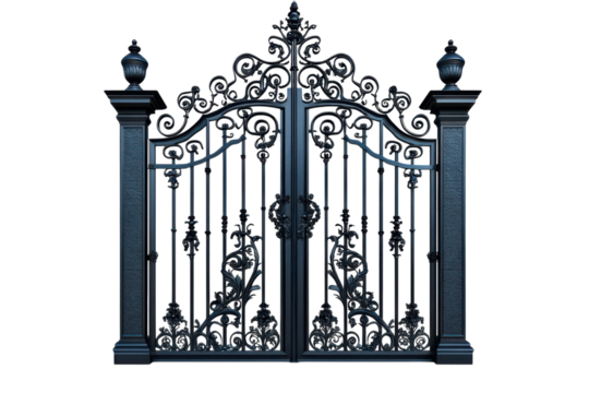 Enter a realm of mystery with ornate iron gates hinting at gothic secrets and Victorian on transparent background