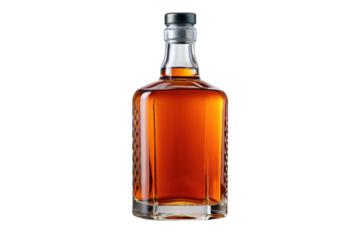 Full bottle of amber whiskey liquor isolated on transparent background