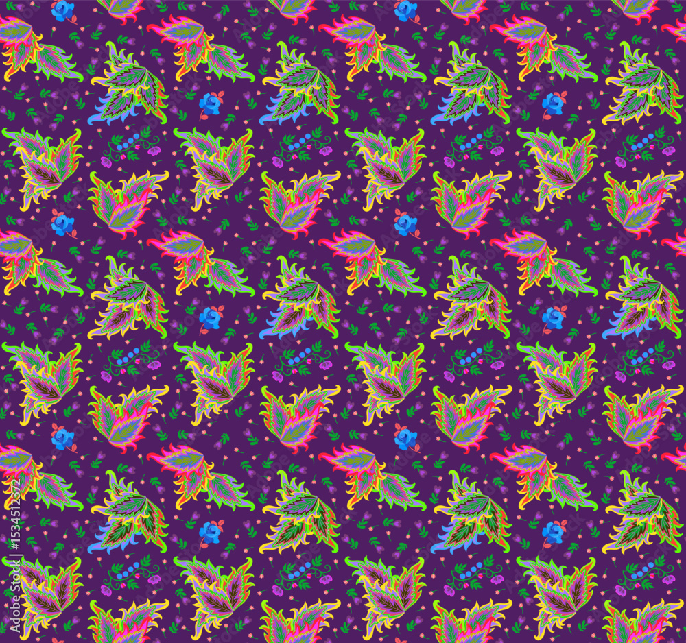 Canvas Prints bright folklore print for fabric with multi-colored coleus leaves and small flowers and branches wit