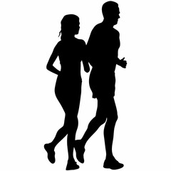 Silhouette of a man and woman jogging side by side in athletic wear against a white studio background image created with generated ai