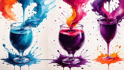 Artistic watercolor pouring into wine glasses creating vibrant colorful drinks splashes