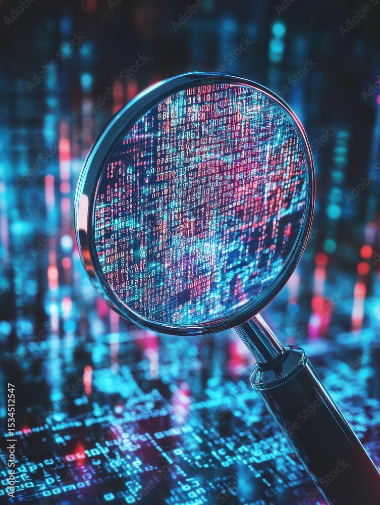 Poster magnifying glass exploring abstract digital data stream: cybersecurity and software development conc