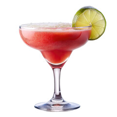 Refreshing red cocktail in margarita glass with lime wedge isolated on transparent background