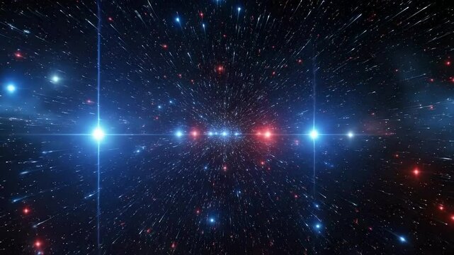 Space travel animation featuring high-speed starfield motion with red and blue stellar streaks. Use for sci-fi, time travel, futuristic tech, interstellar adventure, digital art backdrops.