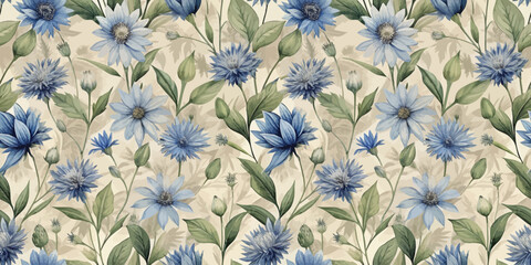 Obraz premium Delicate blue flowers with green leaves create a serene floral pattern.