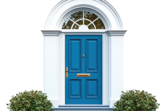 Inviting bright blue front door framed by white columns and arched transom promising welcome on transparent background