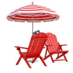 Red Beach Chairs and Striped Umbrella by the Sea in Perfect Summer Setting for Relaxation and Leisure
