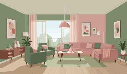 Modern living room with sofa, table, carpet, plants and other decor. Vector flat illustration of interior design and furniture