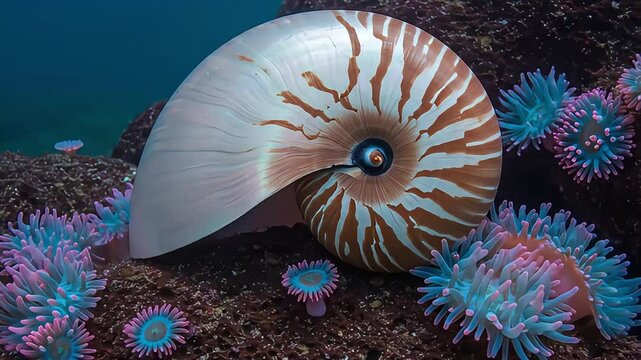AI generated Nautilus Shell and Colorful Sea Anemones on Coral Reef