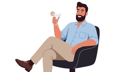 Young man working online from home, sitting in comfy armchair, using laptop and having phone conversation with business partner, copy space. Flat vector illustration isolated on white background