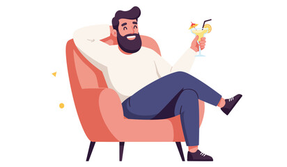 Young man working online from home, sitting in comfy armchair, using laptop and having phone conversation with business partner, copy space. Flat vector illustration isolated on white background