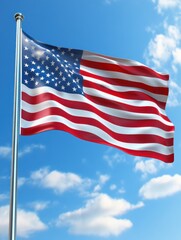Obraz premium Realistic USA flag on blue blurry sky background