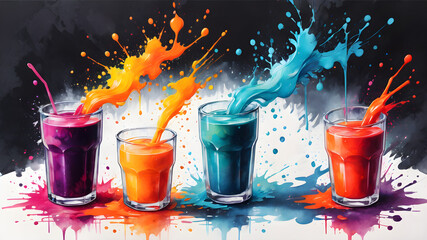 Colorful liquid splashes and drinks representing refreshment and vibrant flavors in glasses