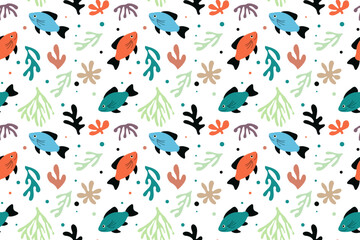 Seamless marine pattern. Colorful fish and corals on a white background. Flat style. Vector illustration