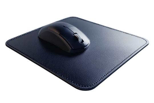 Streamlined Productivity A sleek black wireless mouse resting on a textured dark blue mousepad on transparent background
