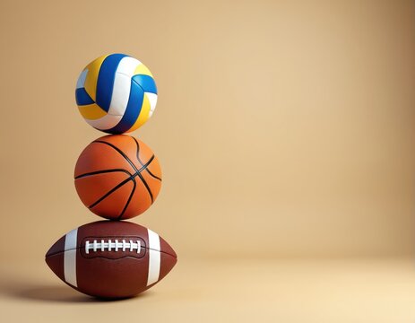 Stack of sport balls volleyball, basketball, football on beige backdrop. Diverse balls arranged, copy space. Sports equipment for various activities, team games. Balance, fun, recreation and play.