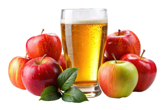 Glass of sparkling apple cider with fresh red and green apples isolated on transparent background