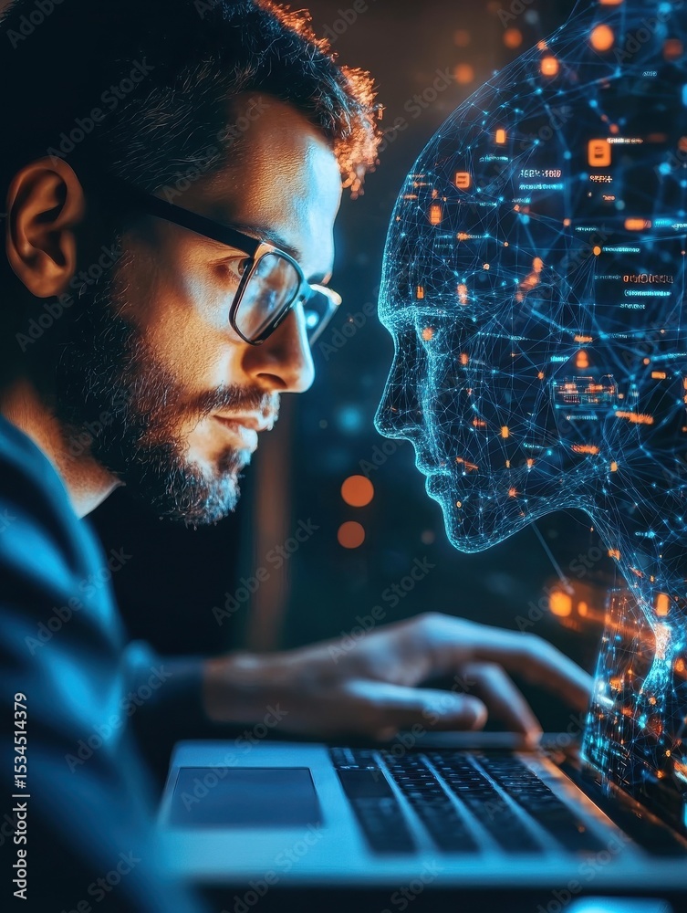 Poster man using laptop for searching of technology smart open AI or artificial intelligence using an artificial intelligence chatbot developed.
