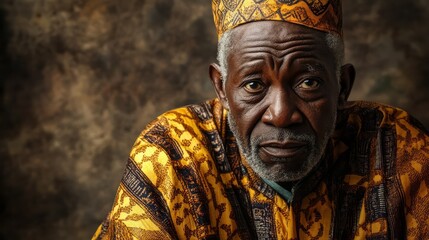 Obraz premium Portrait of an elderly African man in traditional clothing with a wise and weathered expression.